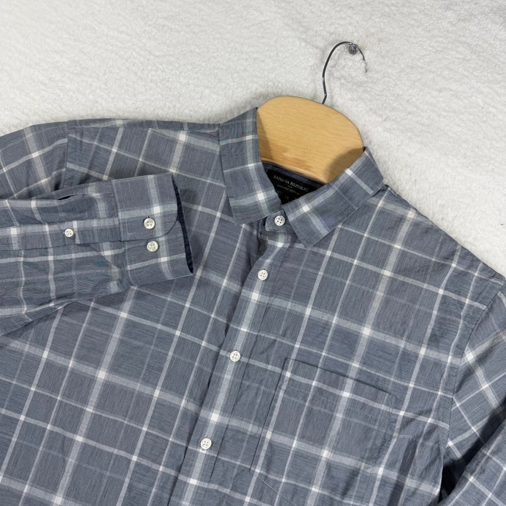Banana Republic Button Down Shirt Mens XL Blue Plaid Organic Cotton Untucked Fit